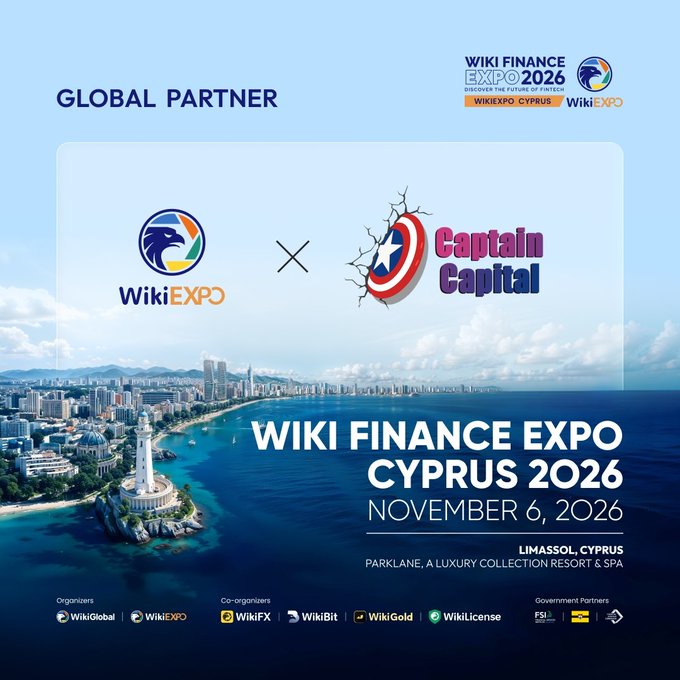 The image is a promotional graphic announcing Captain Capital as a Global Partner of Wiki Finance Expo Cyprus 2026, featuring the WikiExpo and Captain Capital logos side-by-side with a coastal Limassol backdrop, and displaying event details for November 6, 2026 at Parklane, a Luxury Collection Resort & Spa in Limassol, Cyprus.