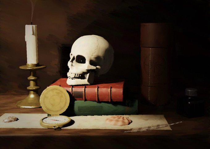 A classic still life painting in the vanitas style featuring a human skull atop red and green books, accompanied by a lit candle in a brass holder, an open brass compass, seashells, and a dark ink bottle on a wooden surface.