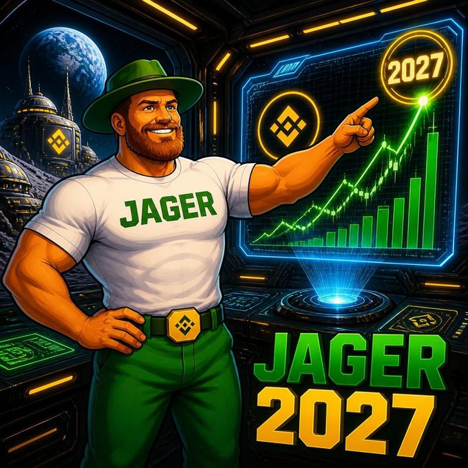 A digital illustration shows a muscular bearded man in a green hat and a white 'JAGER' t-shirt pointing at a glowing green growth chart for 2027, with the Binance logo visible.