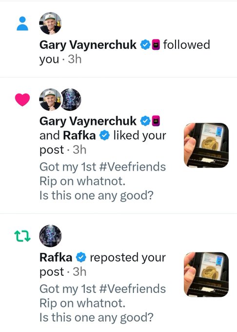 A social media notification screenshot showing that Gary Vaynerchuk followed the user, then liked and reposted their post about getting their '#Veefriends Rip on whatnot.'