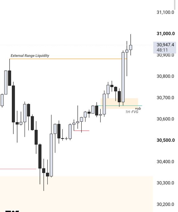 A candlestick chart showing price action around 30,900 with annotations for 'External Range Liquidity' at the top, and a '1H -FVG' zone marked near 30,650.