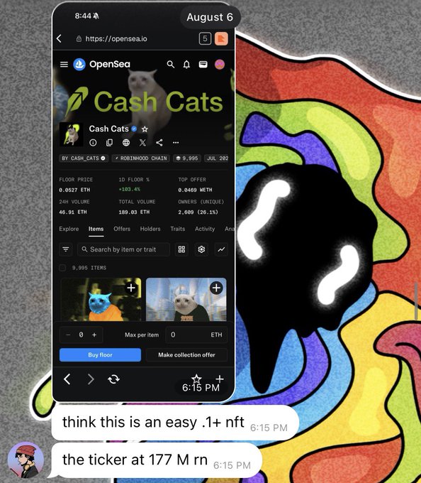 A screenshot of an OpenSea page showing the "Cash Cats" NFT collection with a floor price of 0.0527 ETH on the Robinhood Chain, alongside a cartoon black blob and text bubbles joking about the ticker being undervalued at 177M market cap. The image humorously illustrates the post's point about fading the "CashCats" collection too early, as the creator admits to ignoring their brother's repeated advice to buy under 0.05E—now trading at 0.30E.