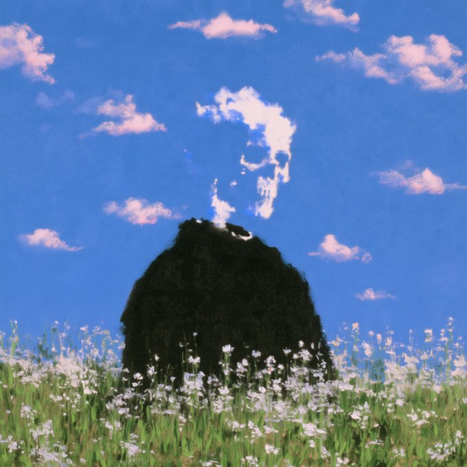 An artistic image features a dark, bear-shaped figure made of foliage, emitting white smoke or vapor against a blue sky with clouds, standing in a field of white flowers.