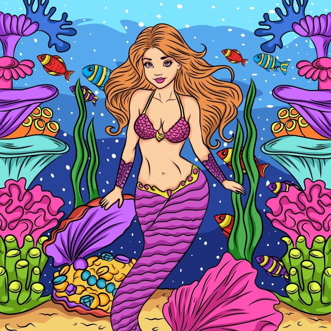A colorful illustration of a mermaid with long auburn hair, wearing a pink shell bikini top and purple tail, surrounded by tropical fish, coral reefs, and underwater plants.