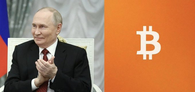 Vladimir Putin is pictured next to the Bitcoin logo, symbolizing Russia's recent approval of $BTC, $ETH, and USDT for trading on its exchanges. This contrasts with the ongoing debate surrounding the CLARITY Act in the US.