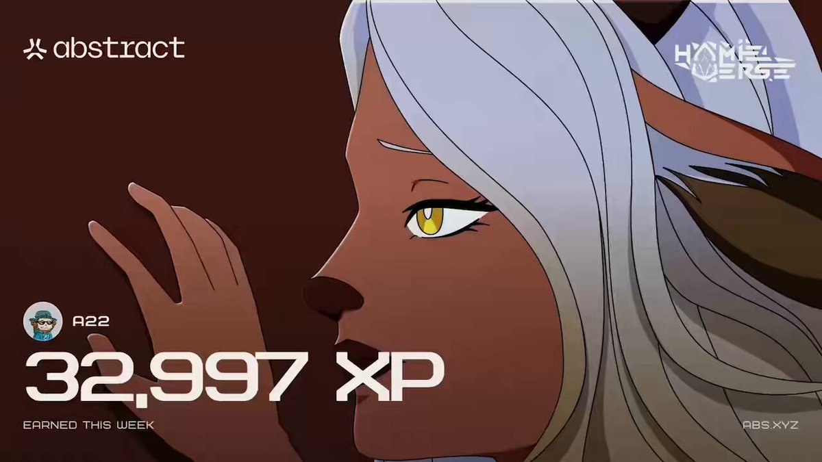 The image features a cartoon character with long blonde hair, wearing a hat or top hat. The character appears to be looking off into the distance. In front of the character's face, there is text that reads "A2 32,957 XP", which seems to be related to an item in the game. There are also other text elements such as "@TollanUniverse" and "@AbstractChain". The image does not contain any other objects or characters besides the cartoon figure and its surroundings.