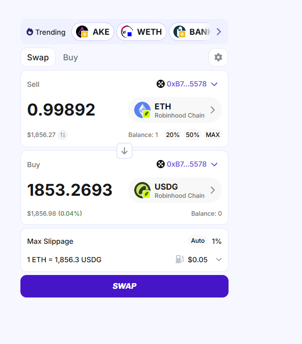 A cryptocurrency swap interface on Robinhood Chain showing 0.99892 ETH being swapped for 1,853.2693 USDG at a rate of 1 ETH = 1,856.3 USDG.