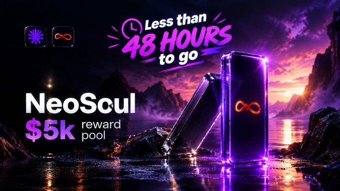 A futuristic promotional banner for the NeoSoul campaign shows "Less than 48 HOURS to go" with a "$5k reward pool" displayed alongside a glowing phone featuring an infinity symbol logo, set against a dramatic purple-lit landscape. The image visually reinforces the urgency mentioned in the post about the closing window to participate in the NeoSoul x ActionFi campaign.