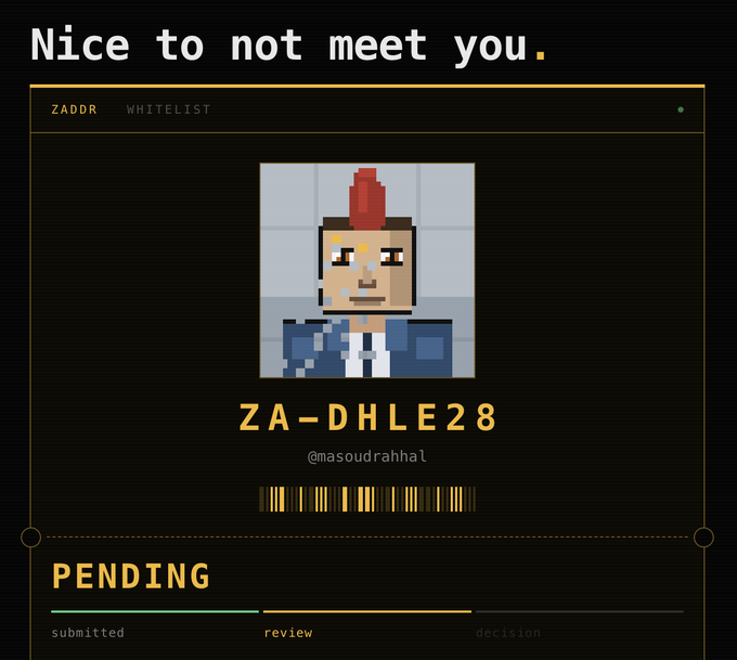 A digital 'ZADDR WHITELIST' application screenshot showing a pixel art character with a red mohawk, labeled 'ZA-DHLE28' under the username @masoudrahhal, with status marked as 'PENDING'.