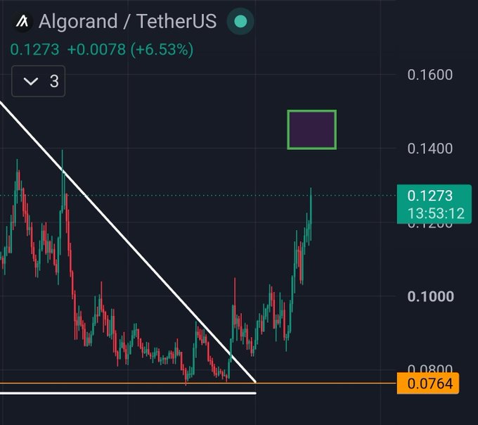 A cryptocurrency trading chart shows Algorand/TetherUS at 0.1273 (+6.53%) with a rising price trend, featuring a white descending trendline and highlighted support levels at 0.0764 and 0.0800.