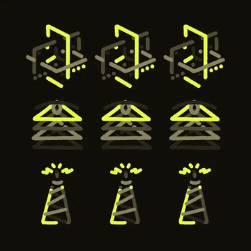 Three rows of yellow and gray 3D icons including houses, triangles, and towers on a black background.