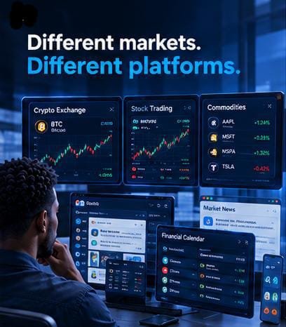 A promotional graphic titled 'Different markets. Different platforms.' showing a person viewing multiple screens displaying Crypto Exchange (BTC), Stock Trading (MRVRE), Commodities (AAPL, MSFT, NSPA, TSLA), Market News, Financial Calendar, and Sports trading interfaces.