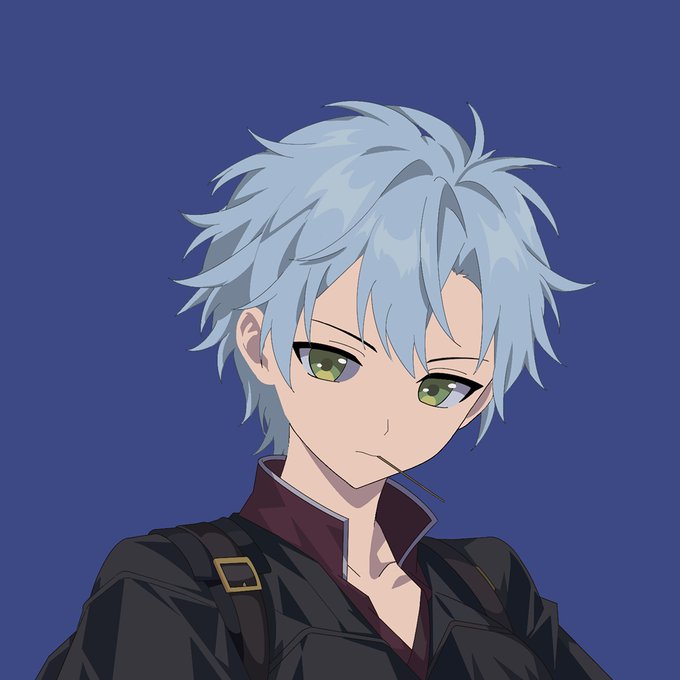 An anime-style illustration of a character with light blue/icy hair and green eyes wearing a dark outfit with a high collar against a blue background.