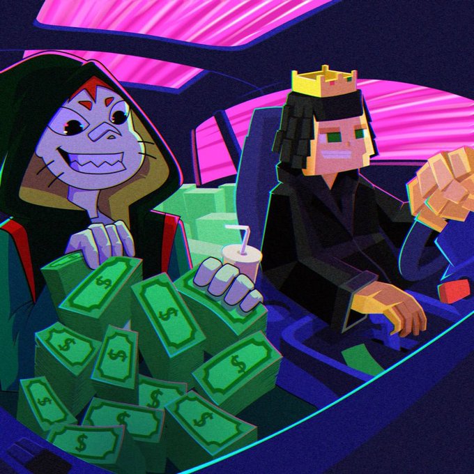 Stylized digital illustration of two cartoon figures in a car, with one holding a drink and the other surrounded by stacks of cash.