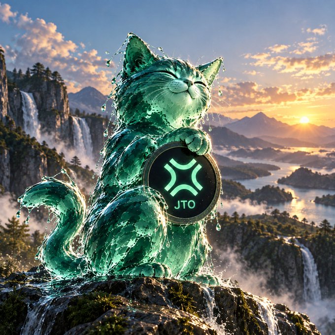 A digital artwork of a translucent green cat made of water sitting on a rock, holding a circular emblem with the "JTO" (JTO coin) logo, set against a sunset landscape with waterfalls and mountains.