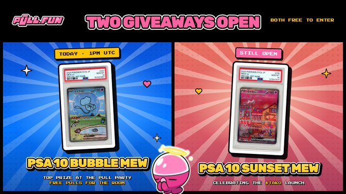 The image is a promotional graphic for Pull.Fun advertising two free-to-enter giveaways for PSA 10 graded Pokémon cards—a Bubble Mew (top prize at the Pull Party) with entry closing today at 1PM UTC, and a Sunset Mew (celebrating the $1AKO launch) still open for entries.