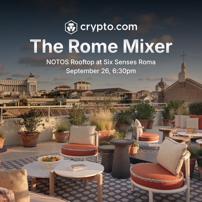 An event poster for Crypto.com's 'The Rome Mixer' at NOTOS Rooftop at Six Sense Roma, scheduled for September 26 at 6:30pm, overlaid on a rooftop terrace image.