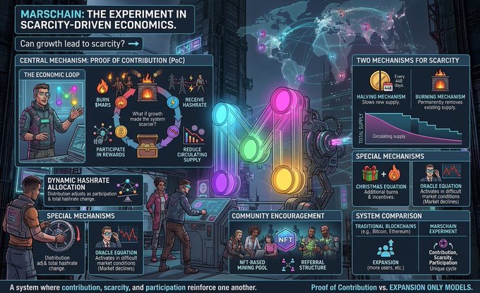 A complex infographic titled 'MARSCHAIN: THE EXPERIMENT IN SCARCITY-DRIVEN ECONOMICS' explaining Proof of Contribution, dynamic hashrate allocation, and community mechanisms.