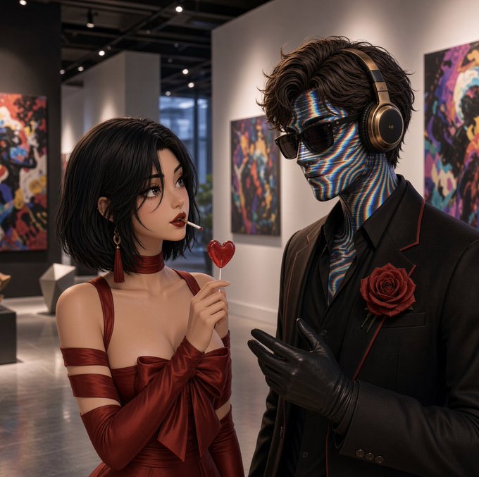 A digital artwork shows a woman in a red dress holding a heart-shaped lollipop beside a humanoid figure with a striped blue and white face, sunglasses, and headphones, set in a contemporary art gallery.