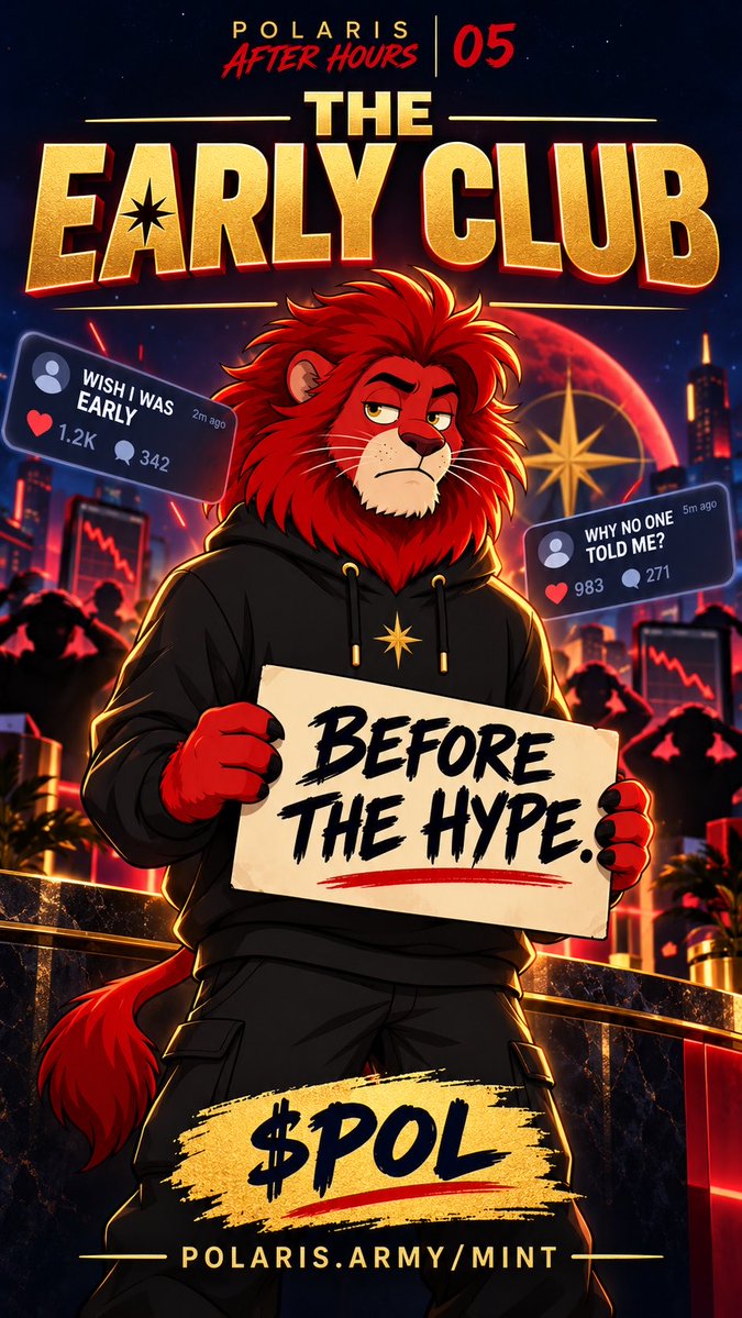A promotional graphic for 'POLARIS AFTER HOURS 05 THE EARLY CLUB' featuring an anthropomorphic red lion character in a hoodie holding a sign that reads 'BEFORE THE HYPE', with social media-style comments overlaid.