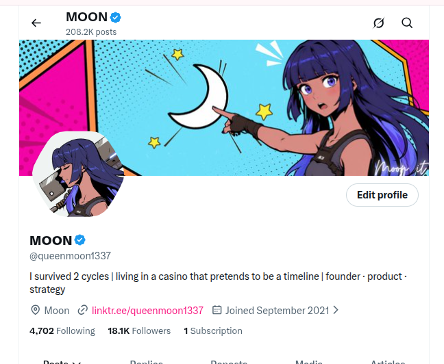 A Twitter/X profile page for 'MOON' (@queenmoon1337) with 208.2K posts, showing anime-style banner art with a dark-haired girl pointing at a crescent moon and the bio 'I survived 2 cycles | living in a casino that pretends to be a timeline | founder · product · strategy'.