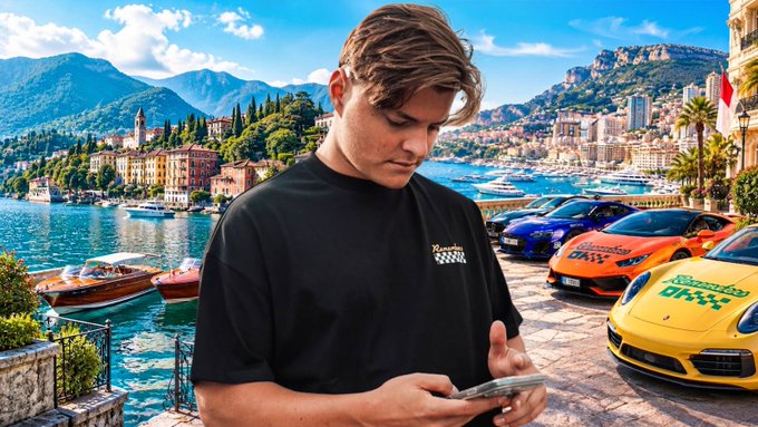 A young man in a black t-shirt counts cash while standing on a cobblestone street in Monaco, with luxury sports cars and yachts visible behind him, fitting the post's theme of a wealthy lifestyle in Europe.