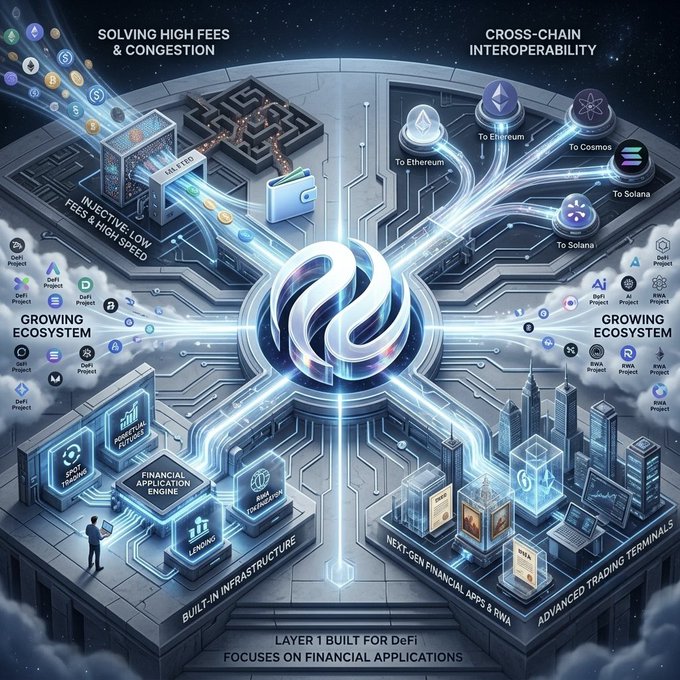 The image features an illustration of a complex network of interconnected computer screens, with the central focus being a white circle surrounded by blue lines. The text "layer 1 built for dfi" suggests that this particular network is designed specifically for DeFi applications. This type of network allows users to access and manage their finances without relying on centralized banks or financial institutions. The image also includes various other elements, such as the words "solving high fees & congestion", which could be related to the challenges faced by blockchain networks in terms of transaction processing speed and cost.