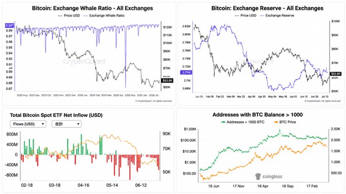 A 2x2 grid of Bitcoin on-chain indicator charts from CryptoQuant and Coinglass, displaying Exchange Whale Ratio, Exchange Reserve, Total Bitcoin Spot ETF Net Inflow, and Addresses with BTC Balance > 1000, illustrating the four on-chain metrics referenced for assessing whale behavior.