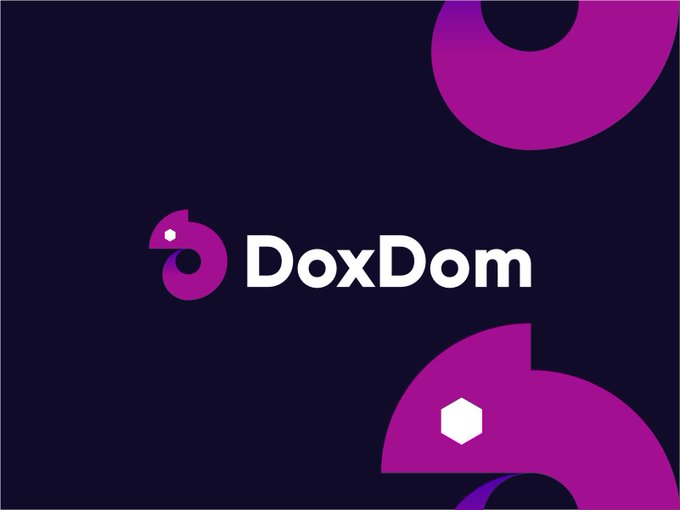 A dark purple background featuring the white text "DoxDom" with a stylized purple logo and decorative purple circular elements.