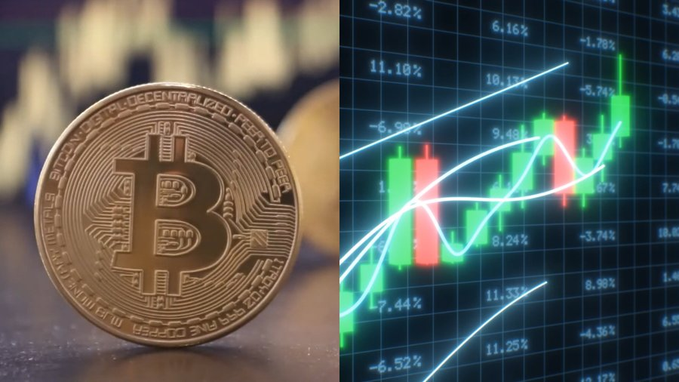 A physical Bitcoin token displaying its iconic ₿ logo and "DIGITAL DECENTRALIZED PEER TO PEER" inscription sits beside a financial candlestick chart with rising trendlines in percentages like +6.16%, +11.10%, and +8.24%, visually echoing Bitcoin's recovery back above the $81,000 mark.