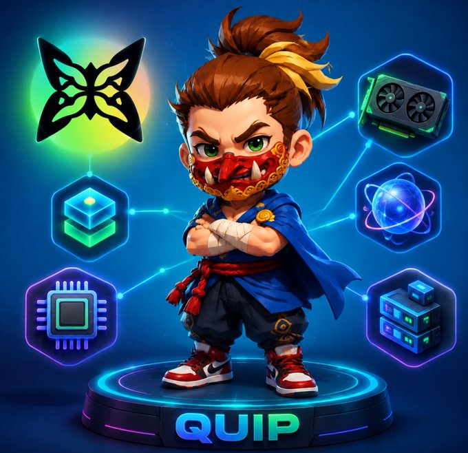 A chibi-style warrior character with a brow-horn mask, blue outfit, and red sneakers standing on a pedestal labeled 'QUIP', surrounded by tech and gaming icons including a GPU and butterfly logo.