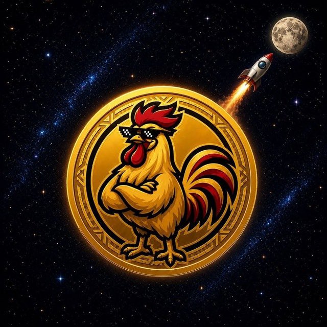 A cartoonish rooster wearing sunglasses standing inside a gold coin, set against a starry space background with a rocket and moon, symbolizing a 'moon mission'.