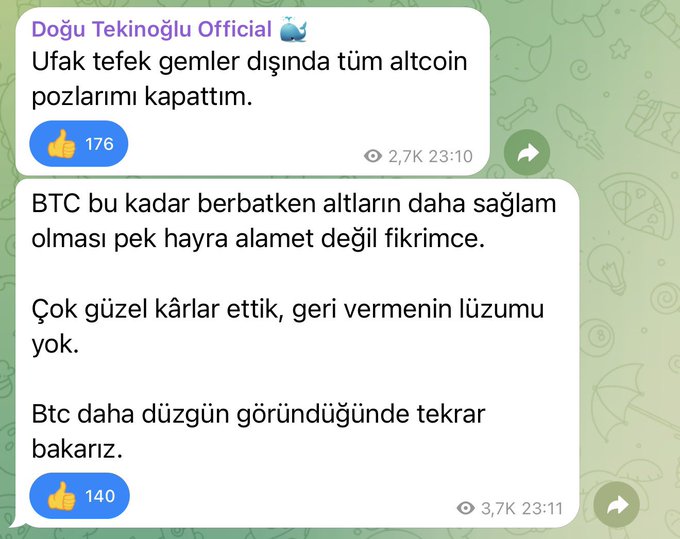 The image features two messages displayed side by side on a green wall. The first message has blue emojis at the top left corner while the second one has an email signature located just below the top right corner of the image. Both messages are in Turkish, as indicated by the language settings. A summary of the first message reads: "Last night around 23:00, we closed all our altcoin positions." The second message contains several details about a recent cryptocurrency trading experience: "in which we sold off all of our Zec, Inj, Near and Wld coins at the very top", "between 40% and 100%" (likely indicating the highest profits), and also states that: "BTC was dropping. While BTC was dropping, we captured profits between..." The language settings seem to be set to English rather than Turkish.