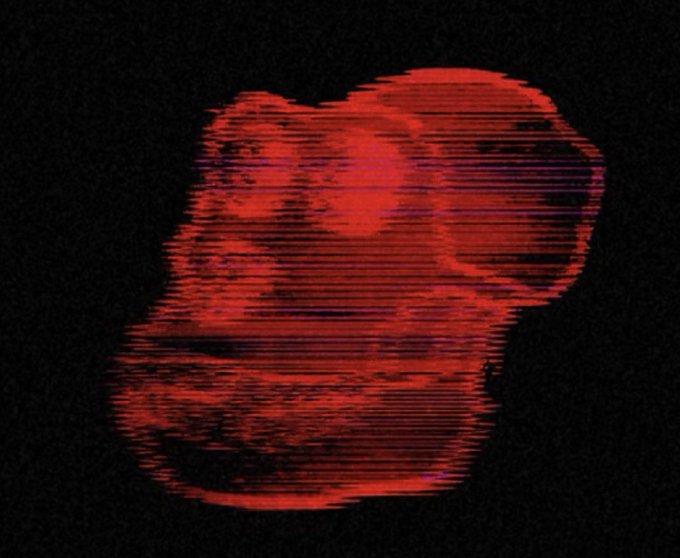 A pixelated, glitchy red and black abstract shape floats against a dark, noisy background.