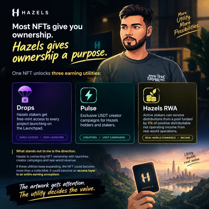 A promotional graphic for 'HAZELS' NFT with the headline 'Most NFTs give you ownership. Hazels gives ownership a purpose,' detailing three earning utilities: 'Drops,' 'Pulse,' and 'Hazels RWA,' alongside an illustrated man and the phrase 'The artwork gets attention. The utility decides the value.'