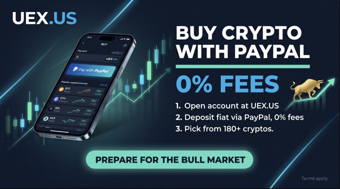 A promotional banner for UEX.US advertising "Buy Crypto with PayPal" at 0% fees, featuring a smartphone displaying the exchange app alongside an upward-trending bull and green candlestick chart, with instructions to open an account, deposit fiat via PayPal, and choose from 180+ cryptocurrencies to "Prepare for the Bull Market."