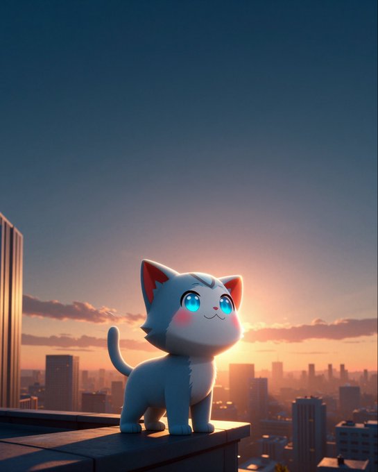 A cute animated white cat with bright blue eyes stands on a rooftop overlooking a city skyline at sunset, gazing out toward the horizon. The image's sense of wonder and exploration fits the "Wen World" theme, evoking curiosity and adventure in a vast, open world.