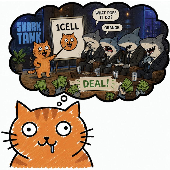 The image features a cartoon cat with orange fur, sitting next to an orange thought bubble that reads "orange?". The thought bubble also contains text about sharks and money, suggesting a connection between the cat's orange coloration and the orange thought bubble.