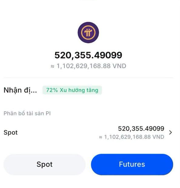 A cryptocurrency app interface shows a Pi coin balance of 520,355.49099 (approximately 1,102,629,168.88 VND) with a 72% upward trend, displaying options for 'Spot' and 'Futures'.