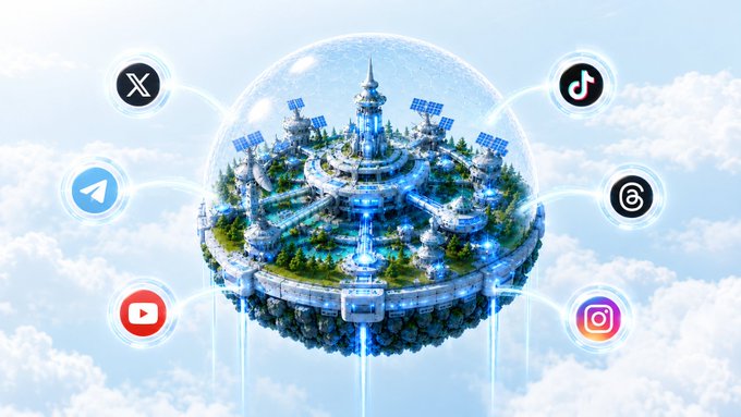 A futuristic floating island city with solar panels and towers inside a protective dome, connected via glowing lines to social media platform icons including X (Twitter), TikTok, Telegram, Threads, YouTube, and Instagram, set against a cloudy sky.