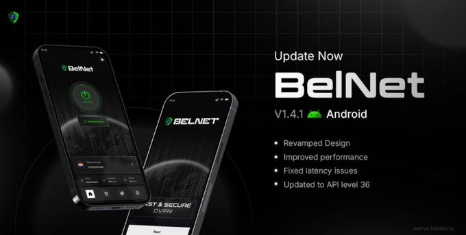 A promotional graphic for BelNet VPN v1.4.1 Android update, highlighting new features including a revamped design, improved performance, fixed latency issues, and updated to API level 36, with mockups of the app interface.