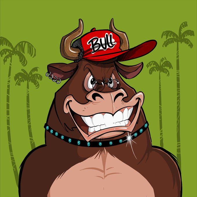 A cartoon bull with a red cap labeled "Bull," wearing a diamond-studded collar, grins menacingly against a green background with palm trees, fitting the bold, flashy aesthetic of the "BullsOnTheBlock" legacy NFT brand.