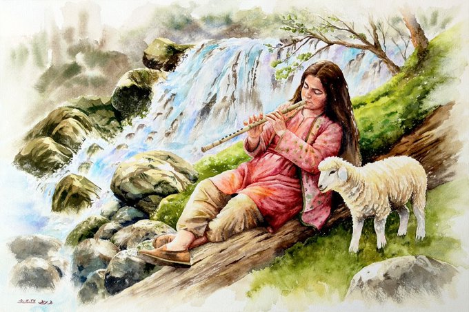 A watercolor painting of a young girl in a pink dress playing a flute while sitting on a log beside a waterfall, accompanied by a small white lamb.
