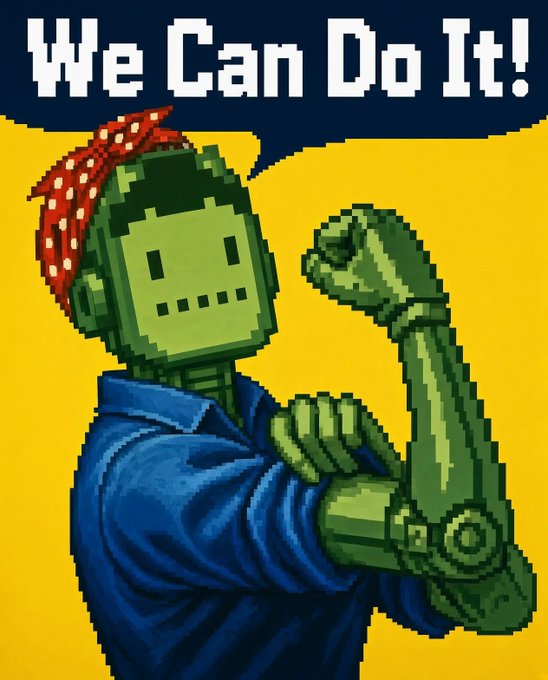 A pixel-art parody of the famous 'We Can Do It!' poster features a green robot character wearing a red polka-dot bandana and flexing its bicep against a blue and yellow background.