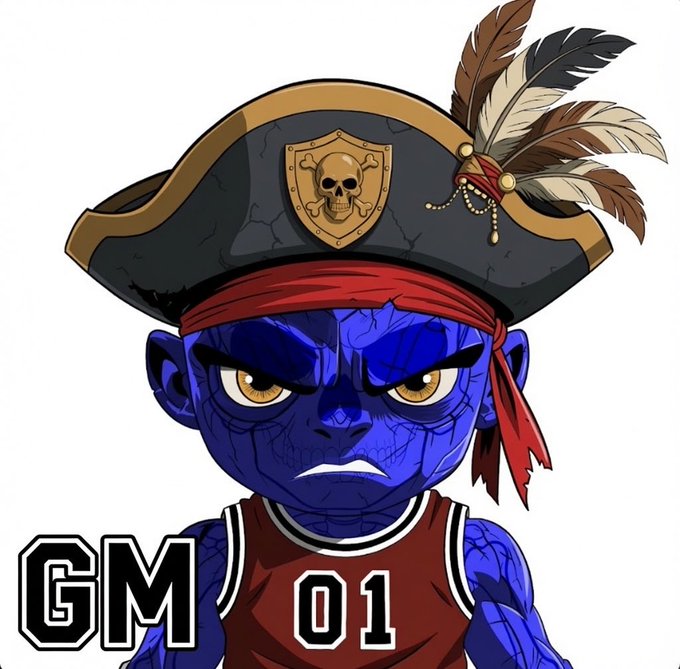 A cartoon illustration of a blue-skinned, reptilian character wearing a pirate hat with a skull and crossbones emblem and a red headband, dressed in a basketball jersey with '01', alongside 'GM' text.