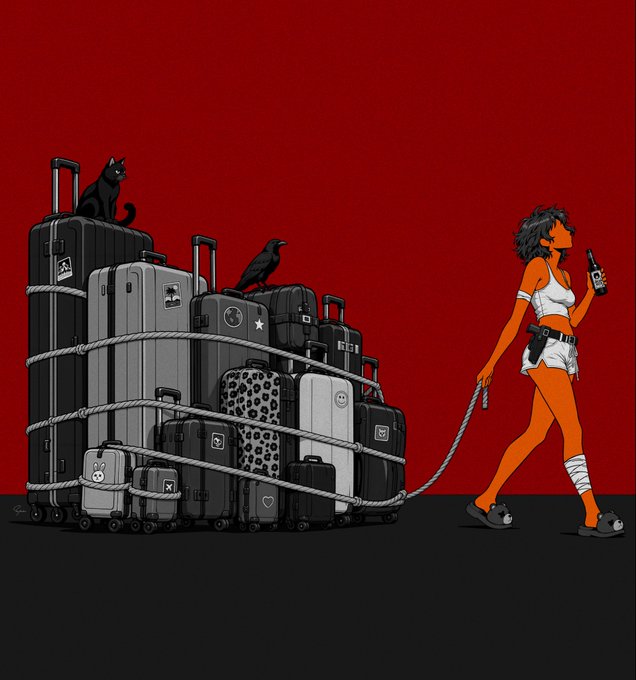 A stylized digital illustration shows an orange-skinned woman with a bandaged leg and a pistol pulling a massive pile of suitcases stacked with a black cat and crow against a red background.
