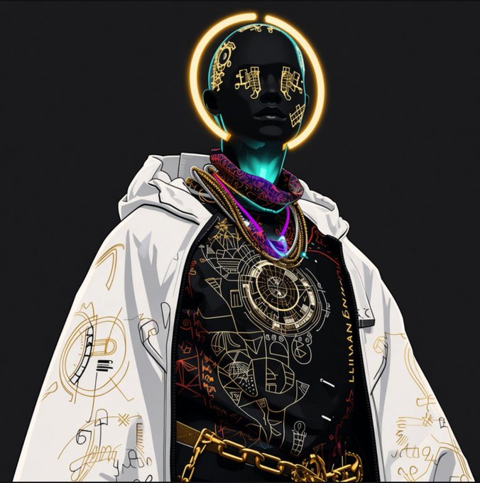 Digital illustration of a figure with a dark face covered in glowing circuitry, wearing a white jacket over a black shirt with mystical symbols, a glowing halo, and a gold chain.