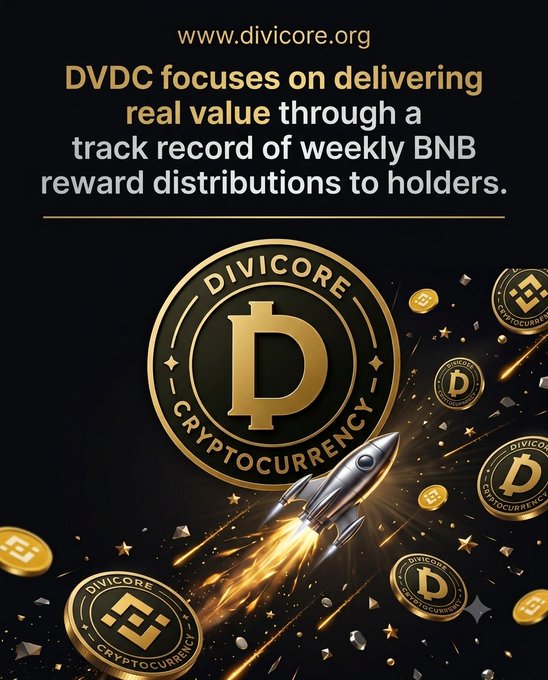 An advertisement for Divicore (DVDC) cryptocurrency, highlighting weekly BNB reward distributions to holders, featuring the website www.divicore.org and imagery of a rocket and coins.