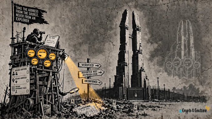 Grayscale editorial illustration showing a watchtower labeled 'TAKE THE ADDRESS FROM THE SOURCE NEVER FROM AN EXPLORER' with signs pointing to 'VERIFIED', 'REGISTERED NOT REPRODUCED', and 'UNCONFIRMED', overlooking a fortress and barren landscape, credited to Crypto & Couture.