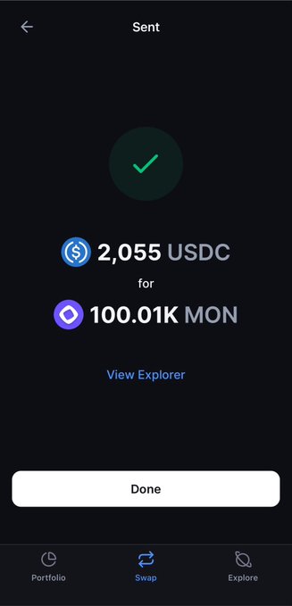 A confirmation screen from the Backpack wallet showing a successful swap of 2,055 USDC for 100.01K MON, with a green checkmark indicating the transaction was sent. The "View Explorer" link and "Swap" tab highlight align with the post's mention of using Backpack wallet to purchase $MON.